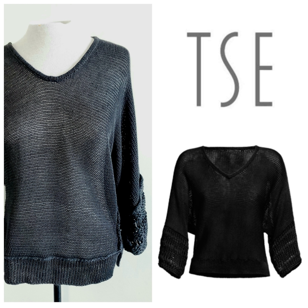 😍 TSE Linen Crochet V-Neck Sweater